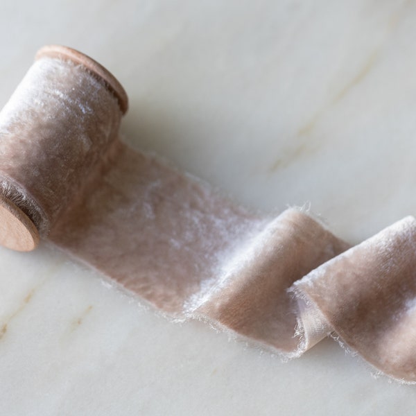 Velvet Silk Ribbon, Dusty Rose, 2" wide | handmade and hand-dyed with a hand frayed edge.