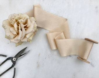 Handmade Crème Brûlée Silk Charmeuse Ribbon | Frayed Edge | 3 Yard Spool
