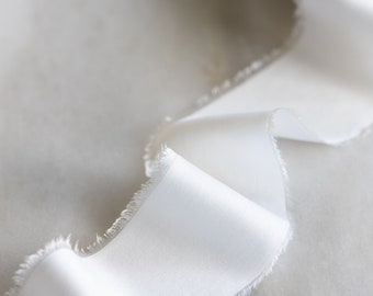 Handmade Ribbon | White Linen | Bamboo Silk Ribbon | 2" wide, frayed edge,  vegan, for weddings, fabric craft, wreaths and flat lay styling