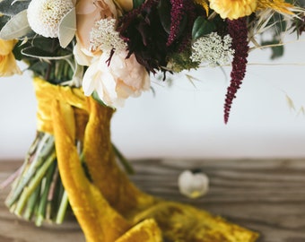 Marigold Yellow Velvet Silk Ribbon |  2" | handmade + hand-dyed with botanical dyes + hand torn edge for weddings, wreaths, crafts + styling