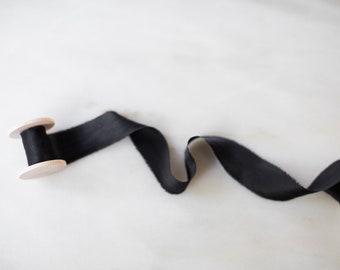 Raven Black Silk Ribbon | Hand-Dyed | Frayed Edge | 1" Wide