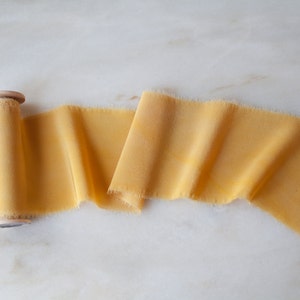 Handmade silk ribbon | naturally-dyed by hand | Marigold Yellow | 4&quot; wide | Ribbon on a spool
