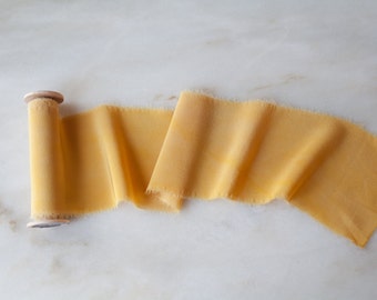 Hand dyed silk ribbon | handmade and naturally-dyed | Marigold Yellow | 4" wide | Ribbon on a spool