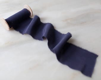Hand Dyed Navy Blue Silk Ribbon: 2" Wide, Frayed Edge, 3 Yard Spool