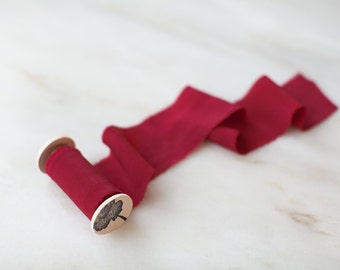 Cranberry silk ribbon, 2" wide | handmade + hand dyed ribbon for wreaths, flowers, bows, trim, belts, wedding bouquets and flat lay styling