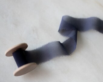 Handmade Navy Blue Silk Chiffon Ribbon | Saudade | 1" wide | hand-dyed on a spool for weddings, invitations, wreaths + flat lay styling