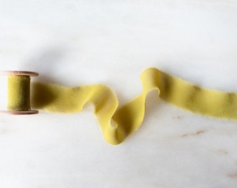 Hand Dyed Silk Chiffon Ribbon | 25mm wide | Chartreuse Green | Botanical Dye, Frayed Edge, Wooden Spool