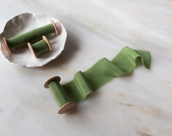Moss Green Silk Ribbon | Hand-Dyed | 2" Wide | Raw Edge