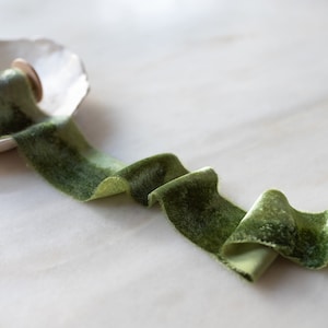 Velvet Silk Ribbon, Moss Green, 2&quot; wide | handmade + hand-dyed for bridal bouquets, wreaths, invitations, flowers and styling