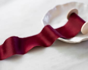Silk Charmeuse Ribbon | Cranberry Red | Handmade and hand dyed: weddings, invitations, craft, gifting, wreaths, photography styling kits.