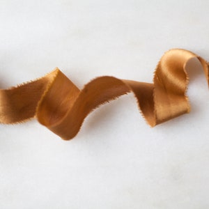 Hand dyed silk ribbon Cognac 1 wide handmade naturally dyed for weddings, wands, craft flat lay styling. image 2