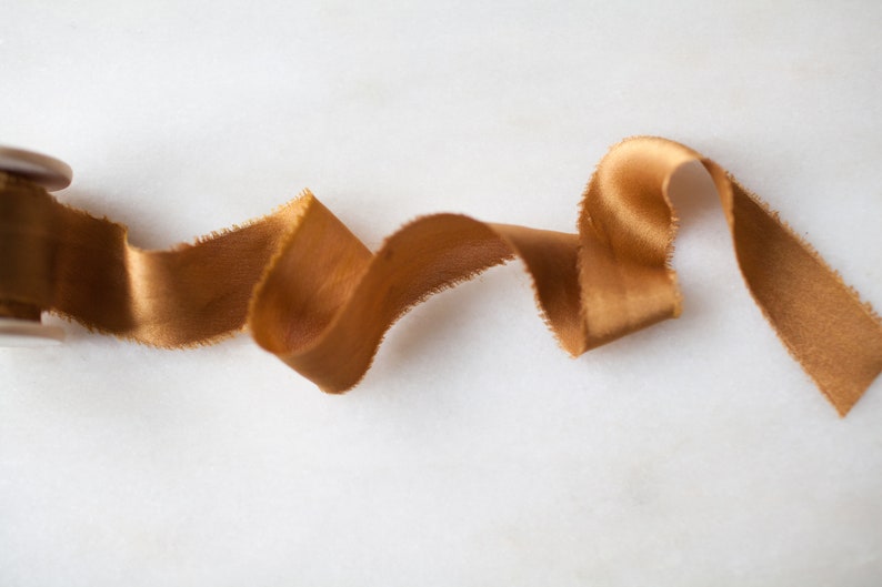 Hand dyed silk ribbon Cognac 1 wide handmade naturally dyed for weddings, wands, craft flat lay styling. image 2