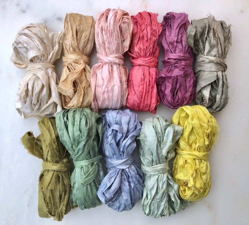 Upcycled Sari Silk Ribbon Hand dyed with flowers and plants Recycled image 1