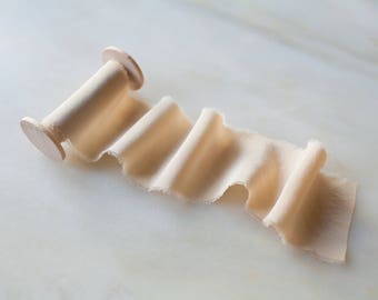 Hand Dyed Silk Ribbon: Crème Brûlée, Frayed Edge, 2" Wide