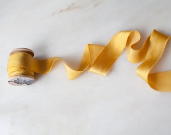 Hand dyed silk ribbon | handmade + naturally dyed | marigold yellow | by the yard, for weddings, craft + flat lay styling