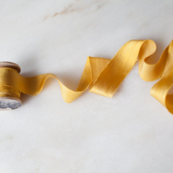 Hand dyed silk ribbon | handmade + naturally dyed | marigold yellow | by the yard, for weddings, craft + flat lay styling
