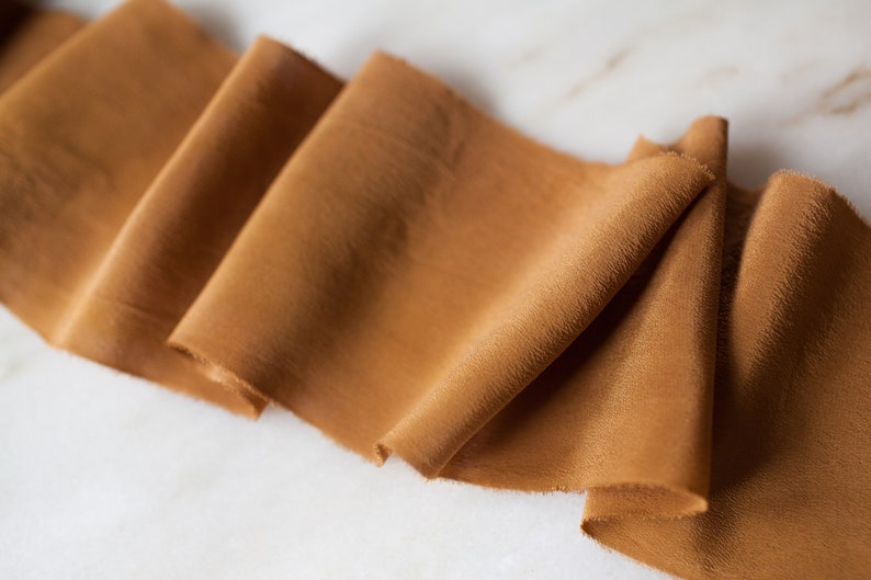 Hand dyed silk ribbon Cognac 1 wide handmade naturally dyed for weddings, wands, craft flat lay styling. image 6