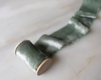 Handmade Seaglass Green Velvet Silk Ribbon | 2" Wide | Botanical Dye + Frayed Edge