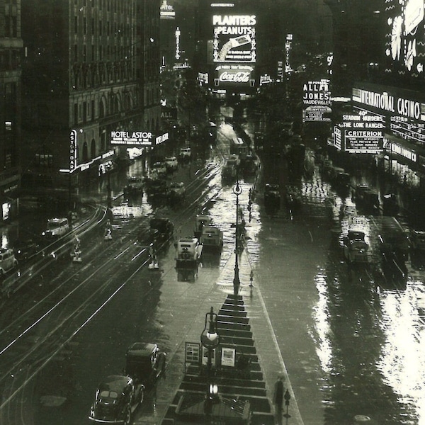 Times Square at Night Giclee Fine art print framable print reclaimed postcard New York City 1940s retro scene Great gift Big Apple History