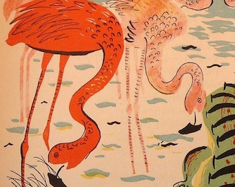 Flamingo and Friends Canvas Wall Art Florida Scenery 11 by 17 inch Alligator and shore birds Beach décor Retro pinks and blues. Distinctive.