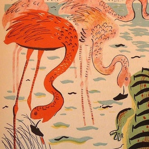 Flamingo and Friends Canvas Wall Art Florida Scenery 11 by 17 inch Alligator and shore birds Beach décor Retro pinks and blues. Distinctive.