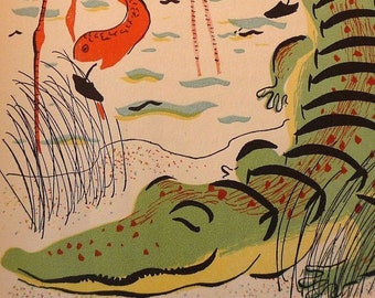 ¡Nuevos filtros! Alligator and Friends Florida Scenery impresión framable Flamingos Wall Art decoración de playa / retro de la década de 1930
