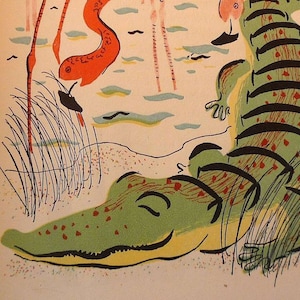 Alligator and Friends Florida Scenery framable print Flamingos Wall Art beach decor, pastel colors 1930s retro