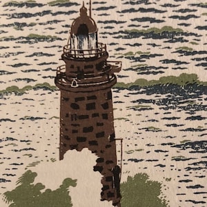 May include: A brown brick lighthouse with a white light at the top, standing in a stormy sea with green and blue waves.