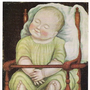 Baby in einem roten Hochstuhl - wählen Sie aus vielen Größendrucken - Geschenk für Liebhaber der Volkskunst - schönes schlafendes Baby - sensibles Volksporträt