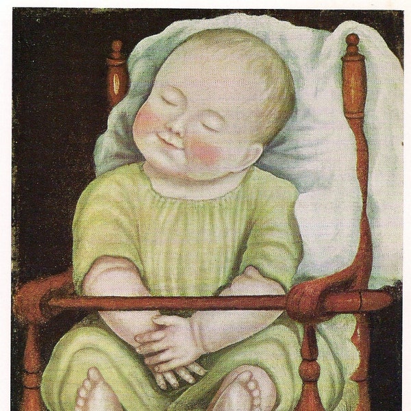 Baby in a Red High Chair - choose from many sizes print - gift for folk art lover - beautiful sleeping baby -sensitive folk portrait