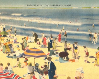 Old Orchard Beach Maine - framable impression Maine destination carte postale récupéré Beach Visitors 1940s scène rétro - grand cadeau pour les amoureux de l'été