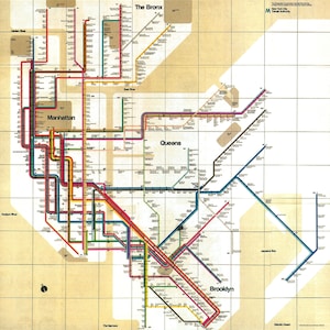 New York Subway-kaart 1972 Ontworpen door Vignelli Geometrisch Subway Manhattan and the Boroughs MidCentury graphic