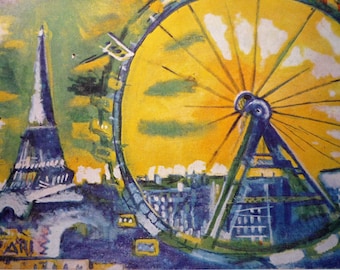 Chagall Paris The Eiffel Tower The Giant Wheel - art print - gift for artists - for art lovers - Impressionism yellow and blue framable