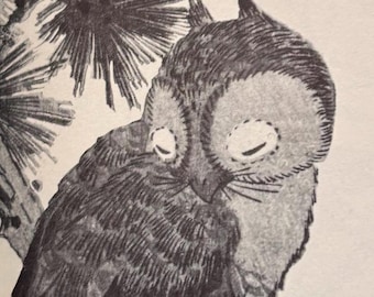 Sleepy Brown Owl print After Hiroshige. For your Aviary. Available in several sizes. Black and white image. Wall Art.