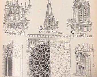Może przedstawiać: Czarno-biała ilustracja liniowa przedstawiająca sześć różnych elementów architektonicznych ze słynnych katedr we Francji. Ilustracja zawiera wieżę, iglicę, okno i kamienne schody do ambony. Tekst opisuje elementy jako "S.W. Tower Amiens Cath", "S.W. Spire: Chartres", "N.W. Tower Notre Dame: Paris", "Window S Mary Dinan" i "Stone Pulpit Stair Notre Dame Paris".