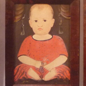 Baby in a Red Dress - Folk Art Portrait - from 19th century children Nursery Portraits - framable digital portrait gift