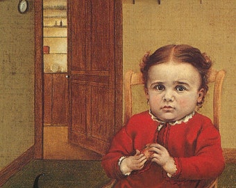 Child Red Dress in Rocking Chair by E L George gift for folk art lover distinctive folk portrait Frown or Perplexed Face Early Perspective