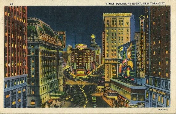 Times Square di notte, scena a colori degli anni '30, stampa
