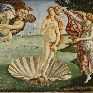 May include: A Renaissance painting depicting the birth of Venus. The goddess Venus is standing on a large seashell, emerging from the water. Two figures, a winged god and a nymph, are in the air above her. The painting is set against a backdrop of a lush green landscape.