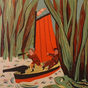 May include: Two children in a red and black boat with a cannon on the front. The boat is sailing through a green and brown forest. A green frog with brown spots is sitting on a lily pad in the water.
