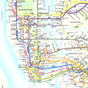 New York Subway map 1980s view of Manhattan and the Boroughs. Take a Ride on the A Train or the IRT with this print