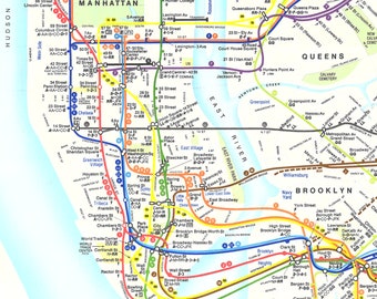 New York Subway map 1980s view of Manhattan and the Boroughs. Take a Ride on the A Train or the IRT with this print