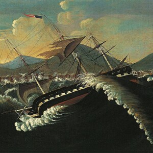 May include: An oil painting depicts a ship tossed in a stormy sea. The dark hull of the ship is visible, with masts and sails straining against the wind. The waves are large and foamy, and the sky is a mix of colors.