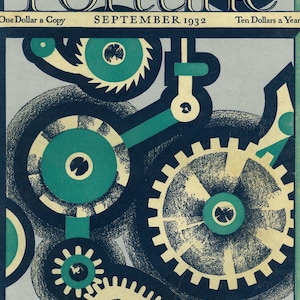 Op de afbeelding: Een vintage Fortune magazine cover uit september 1932 met een abstract ontwerp van in elkaar grijpende tandwielen in zwart, wit en groen.