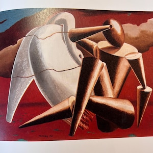 May include: An abstract painting featuring a seated figure with geometric shapes in shades of brown and white against a red background. The figure has cone-shaped limbs and a circular head. A large white form is behind the figure, and the artwork is signed.