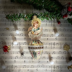 Vintage glazen kerstornament in Victoriaanse stijl met engel, vintage glazen ornament, Duits gestanst, draad en klatergoud, Dresden-karton.