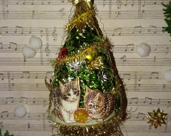 Victorian Style Vintage Glass Christmas Tree glass ornament with kittens,die cut,wire and tinsel,Angel hair,Dresden cardboard.