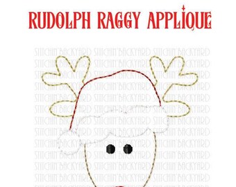 Könnte beinhalten: Ein Linienkunstdesign von Rudolph, dem Rentier mit der roten Nase. Das Design ist im Raggy-Applique-Stil mit roten, goldenen und weißen Nähten gehalten. Das Design ist perfekt für Stick- oder Applikationsarbeiten.