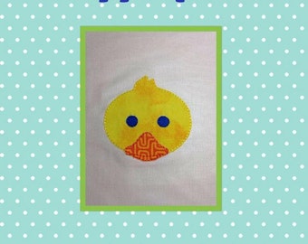 May include: A yellow duck applique with blue eyes and an orange beak on a white fabric background. The text "Duck Raggy Appliqué" is at the top of the image and the text "Backyard Stitch'n" is at the bottom of the image.