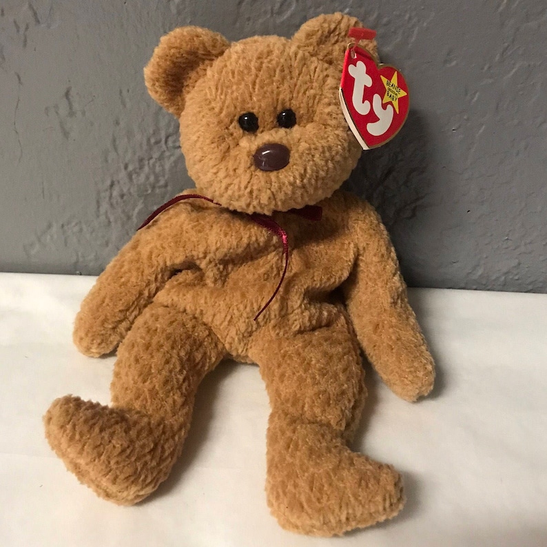 curly the bear beanie baby brown bear black eyes brown nose version 1993 P.E pellets beanie babies by ty